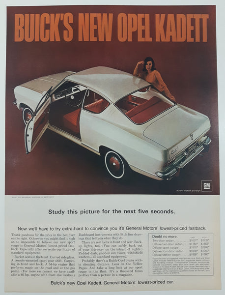 1966 Buick's New Opel Kadett "Study this picture for next five seconds" 10 1/4" x 13 1/2" Magazine Print Ad