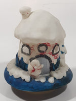 1998 Y. D. CO. Santa Claus White and Blue Snow Covered Round House 5 1/2" Tall Plastic Wind Up Rotating Musical Ornament