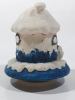 1998 Y. D. CO. Santa Claus White and Blue Snow Covered Round House 5 1/2" Tall Plastic Wind Up Rotating Musical Ornament