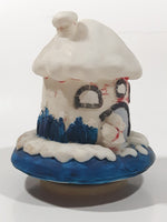 1998 Y. D. CO. Santa Claus White and Blue Snow Covered Round House 5 1/2" Tall Plastic Wind Up Rotating Musical Ornament