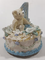 4th Birthday Cake Teddy Bear and Flower Themed 4" Tall Resin Wind Up Music Box