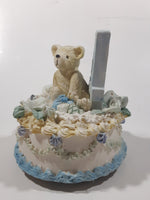 4th Birthday Cake Teddy Bear and Flower Themed 4" Tall Resin Wind Up Music Box