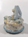 4th Birthday Cake Teddy Bear and Flower Themed 4" Tall Resin Wind Up Music Box