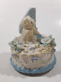 4th Birthday Cake Teddy Bear and Flower Themed 4" Tall Resin Wind Up Music Box