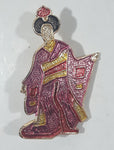 Vintage Colorful Pink Garbed Asian Woman 1" x 1 3/4" Thin Enamel Metal Pin Made in Hong Kong