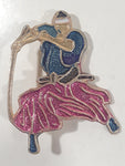 Vintage Colorful Blue and Yellow Garbed Asian Man with Sword 1 1/4" x 1 3/4" Thin Enamel Metal Pin Made in Hong Kong