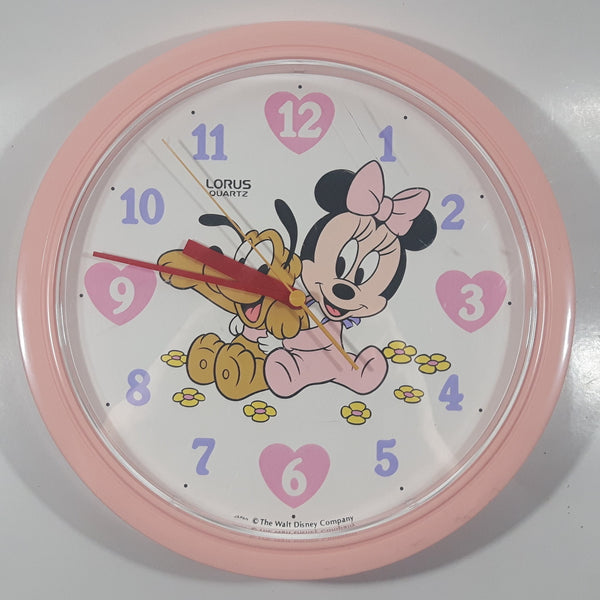 The Walt Disney Company Disney Babies Minnie Mouse and Pluto Lorus Quartz 10 1/2" Pink Plastic Wall Clock Crack in Cover