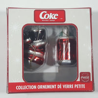 Coca Cola Mini Blown Glass Collection Can and Snowman with Cup Christmas Tree Ornament New in Box