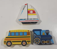 Blue Train Locomotive Yellow School Bus and Sailboat Wood Block Shapes