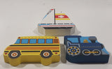 Blue Train Locomotive Yellow School Bus and Sailboat Wood Block Shapes