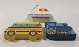 Blue Train Locomotive Yellow School Bus and Sailboat Wood Block Shapes