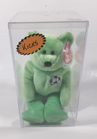 1999 Ty Beanie Babies Kicks The Bear Soccer Football Green Stuffed Plush Toy New with Tags in Display Case