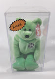 1999 Ty Beanie Babies Kicks The Bear Soccer Football Green Stuffed Plush Toy New with Tags in Display Case