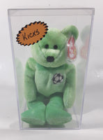 1999 Ty Beanie Babies Kicks The Bear Soccer Football Green Stuffed Plush Toy New with Tags in Display Case