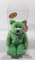 1999 Ty Beanie Babies Kicks The Bear Soccer Football Green Stuffed Plush Toy New with Tags in Display Case