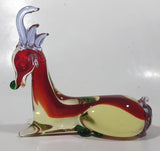 Vintage Laying Reindeer Red Green and Clear 6 1/4" Long Art Vaseline Uranium Glass Ornament