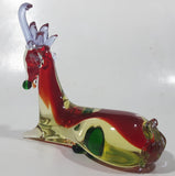 Vintage Laying Reindeer Red Green and Clear 6 1/4" Long Art Vaseline Uranium Glass Ornament