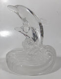 Vintage Two Dolphins Jumping Above Waves Lightly Frosted Clear 5 1/2" Tall Art Glass Ornament