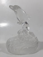 Vintage Two Dolphins Jumping Above Waves Lightly Frosted Clear 5 1/2" Tall Art Glass Ornament