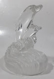 Vintage Two Dolphins Jumping Above Waves Lightly Frosted Clear 5 1/2" Tall Art Glass Ornament