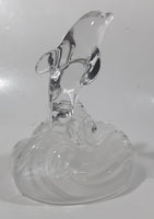 Vintage Two Dolphins Jumping Above Waves Lightly Frosted Clear 5 1/2" Tall Art Glass Ornament