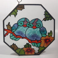 Vintage Blue Song Bird Octagon Shaped 6 1/4" x 6 1/4" Painted Stained Glass Suncatcher Needs Hanger Repair