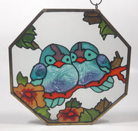 Vintage Blue Song Bird Octagon Shaped 6 1/4" x 6 1/4" Painted Stained Glass Suncatcher Needs Hanger Repair