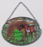 Mare Horse and Foal Baby Horse Small Oval Shaped 3 1/4" x 4 1/2" Painted Stained Glass Suncatcher