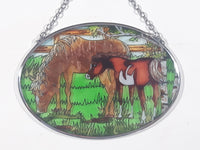 Mare Horse and Foal Baby Horse Small Oval Shaped 3 1/4" x 4 1/2" Painted Stained Glass Suncatcher