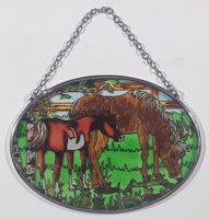 Mare Horse and Foal Baby Horse Small Oval Shaped 3 1/4" x 4 1/2" Painted Stained Glass Suncatcher