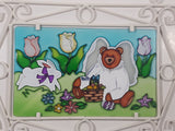 Teddy Bear Angel with Rabbit Picnic 9" x 12 5/8" Stained Glass Ornate White Painted Metal Frame