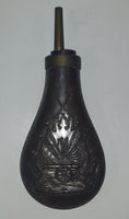 Antique 19th Century Civil War Style Cannons Rifles Flag Themed Bulb Shaped 7 1/4" Copper Metal Rifle Gun Powder Flask Bottle
