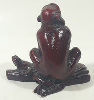 Monkey Sitting On A Log 3" Tall Red Resign Chinese Sculpture