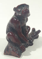 Monkey Sitting On A Log 3" Tall Red Resign Chinese Sculpture