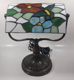 Vintage Blue Hummingbird Red and Blue Flowers Themed 12" Tall Stained Glass Banker's Lamp Style Table Lamp