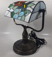 Vintage Blue Hummingbird Red and Blue Flowers Themed 12" Tall Stained Glass Banker's Lamp Style Table Lamp