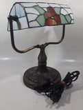 Vintage Blue Hummingbird Red and Blue Flowers Themed 12" Tall Stained Glass Banker's Lamp Style Table Lamp