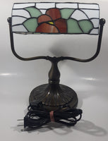 Vintage Blue Hummingbird Red and Blue Flowers Themed 12" Tall Stained Glass Banker's Lamp Style Table Lamp