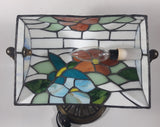 Vintage Blue Hummingbird Red and Blue Flowers Themed 12" Tall Stained Glass Banker's Lamp Style Table Lamp