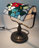 Vintage Blue Hummingbird Red and Blue Flowers Themed 12" Tall Stained Glass Banker's Lamp Style Table Lamp