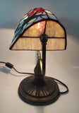 Vintage Blue Hummingbird Red and Blue Flowers Themed 12" Tall Stained Glass Banker's Lamp Style Table Lamp