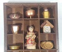 Vintage Cute Decorative Pots Pans Clocks Doll Copper Brass Miniature Wood Display Shelf Display