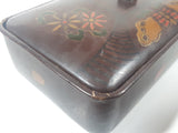 Vintage Japanese Lacquered Dark Brown Black Decorated Wooden Dresser Vanity Lidded Jewelry Trinket Box