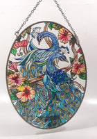 AMIA Kathleen Mckenna Detailed Blue Peacocks Oval Shaped Hand Painted Stained Glass Window Sun Catcher Hanging