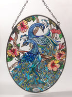 AMIA Kathleen Mckenna Detailed Blue Peacocks Oval Shaped Hand Painted Stained Glass Window Sun Catcher Hanging