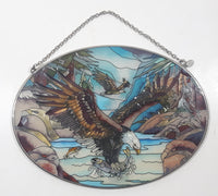 AMIA Jody Bergsma Detailed Bald Eagles Catching Fish Oval Shaped Hand Painted Stained Glass Window Sun Catcher Hanging