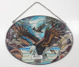 AMIA Jody Bergsma Detailed Bald Eagles Catching Fish Oval Shaped Hand Painted Stained Glass Window Sun Catcher Hanging