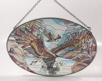 AMIA Jody Bergsma Detailed Bald Eagles Catching Fish Oval Shaped Hand Painted Stained Glass Window Sun Catcher Hanging