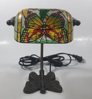 Beautiful Tiffany Style Butterfly Themed Stained Glass and Brass Butterfly Base Banker's Table Lamp Light 9 1/2" Tall