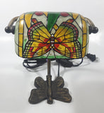 Beautiful Tiffany Style Butterfly Themed Stained Glass and Brass Butterfly Base Banker's Table Lamp Light 9 1/2" Tall